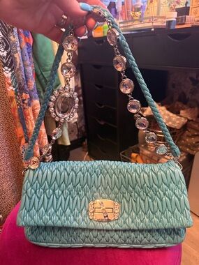 Miu Miu Quilted Teal Shoulder Bag with Crystal Chain